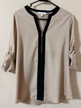 Calvin Klein Beige Blouse with Black Trim and Gold Zip